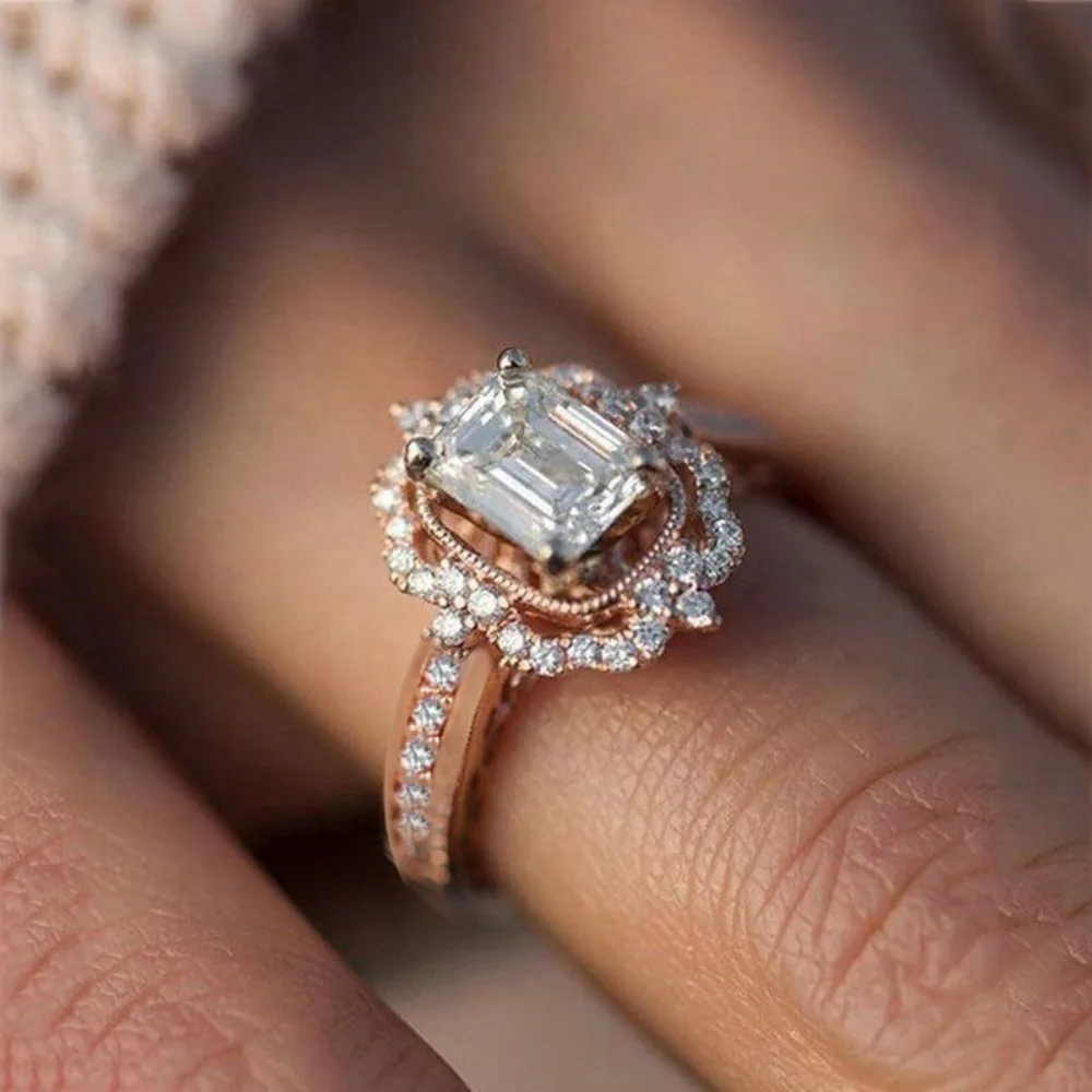 Luxury Sparkling Square 5AZircon Rose Gold Color Double Halo Pave Princess Rings for Women Bride Engagement Wedding Jewelry Gift