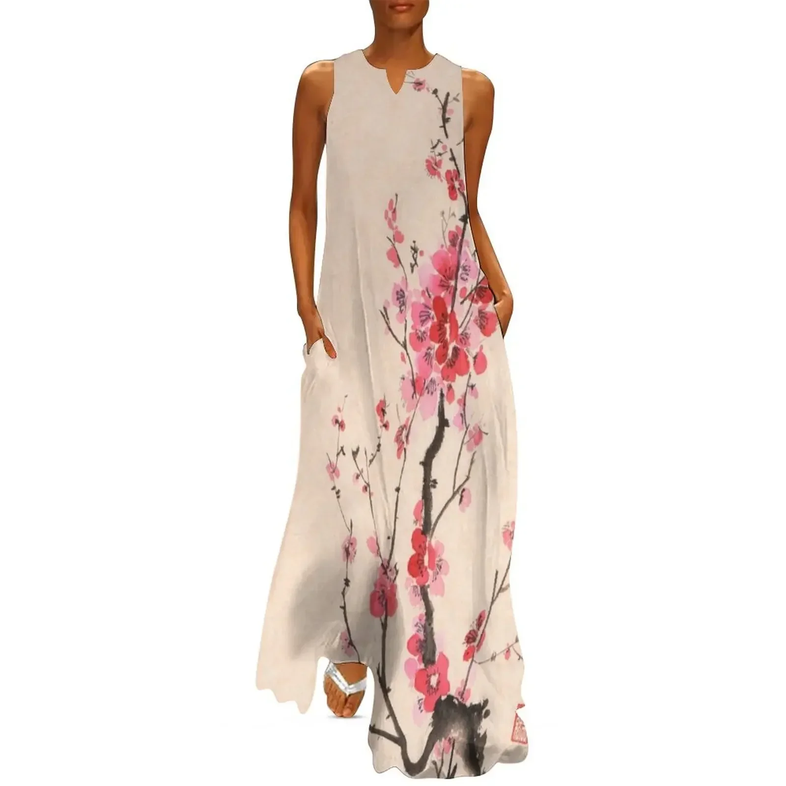 

Japanese sumi-e ink painting of an iconic plum blossom branch with red flowers on beige background art print Long Dress