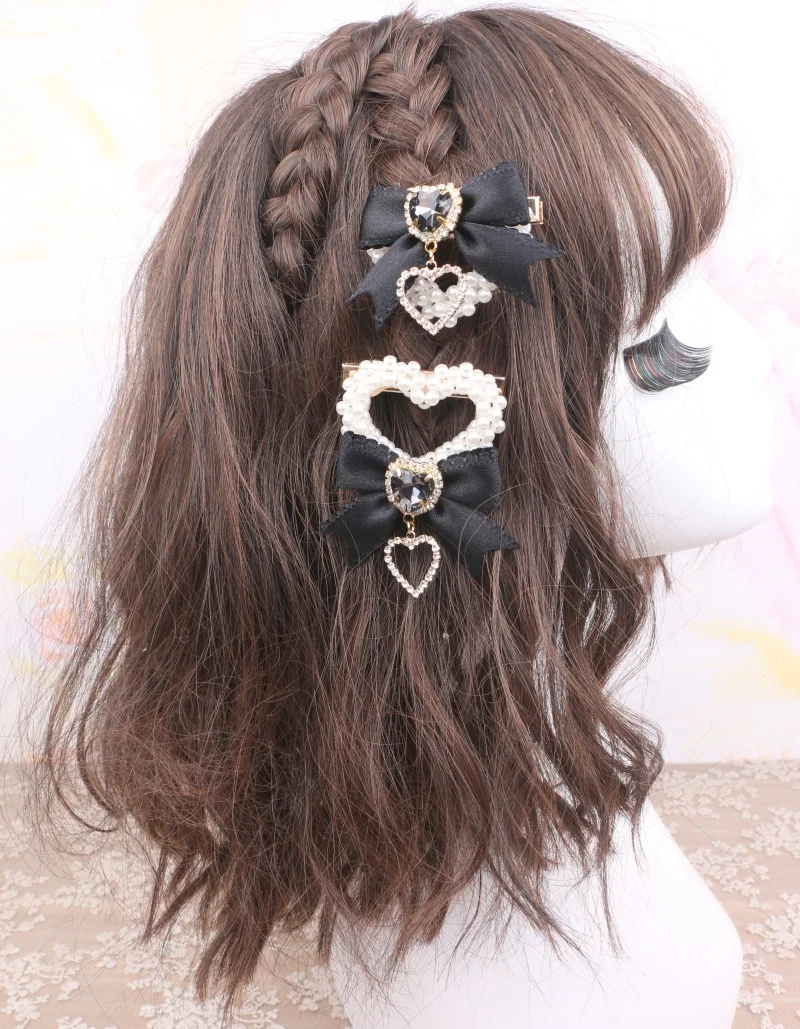 1 Pair Romantic Handmade Bow Hair Clips Lolita Pearl Heart Loria Bow Hairpins Hair y2k Accessories Jirarkei Ribbon Decor