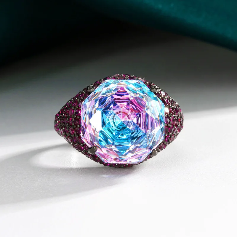 

Jewelry with copper base, gold-plated, rose cut gradient black gold personalized ring, main stone 14mm, wholesale