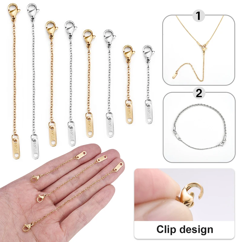 10pcs Stainless Steel Extension Extended Tail Chains Lobster Clasps Connectors DIY Jewelry Making Findings Bracelet Necklaces