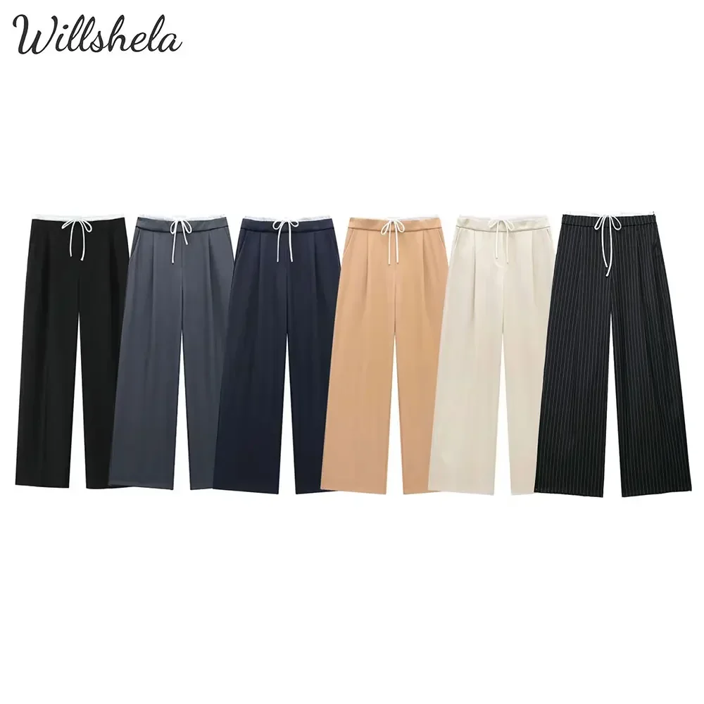

Willshela Women Fashion Solid Lace Up Side Zipper Straight Pants Vintage High Elastic Waist Female Chic Lady Trousers
