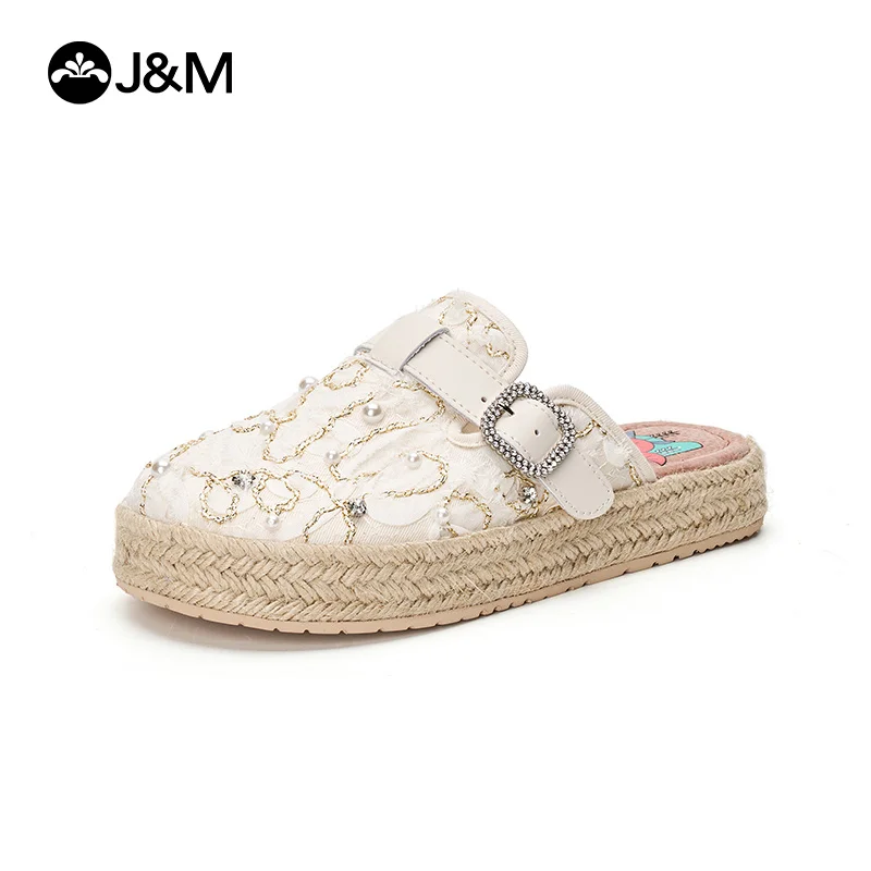 

J&M Women Mules Slippers Fashion Lace Fisherman Shoes Buckle Espadrilles Casual Shoes Summer Lady Gril Slip-on Beach Sandals