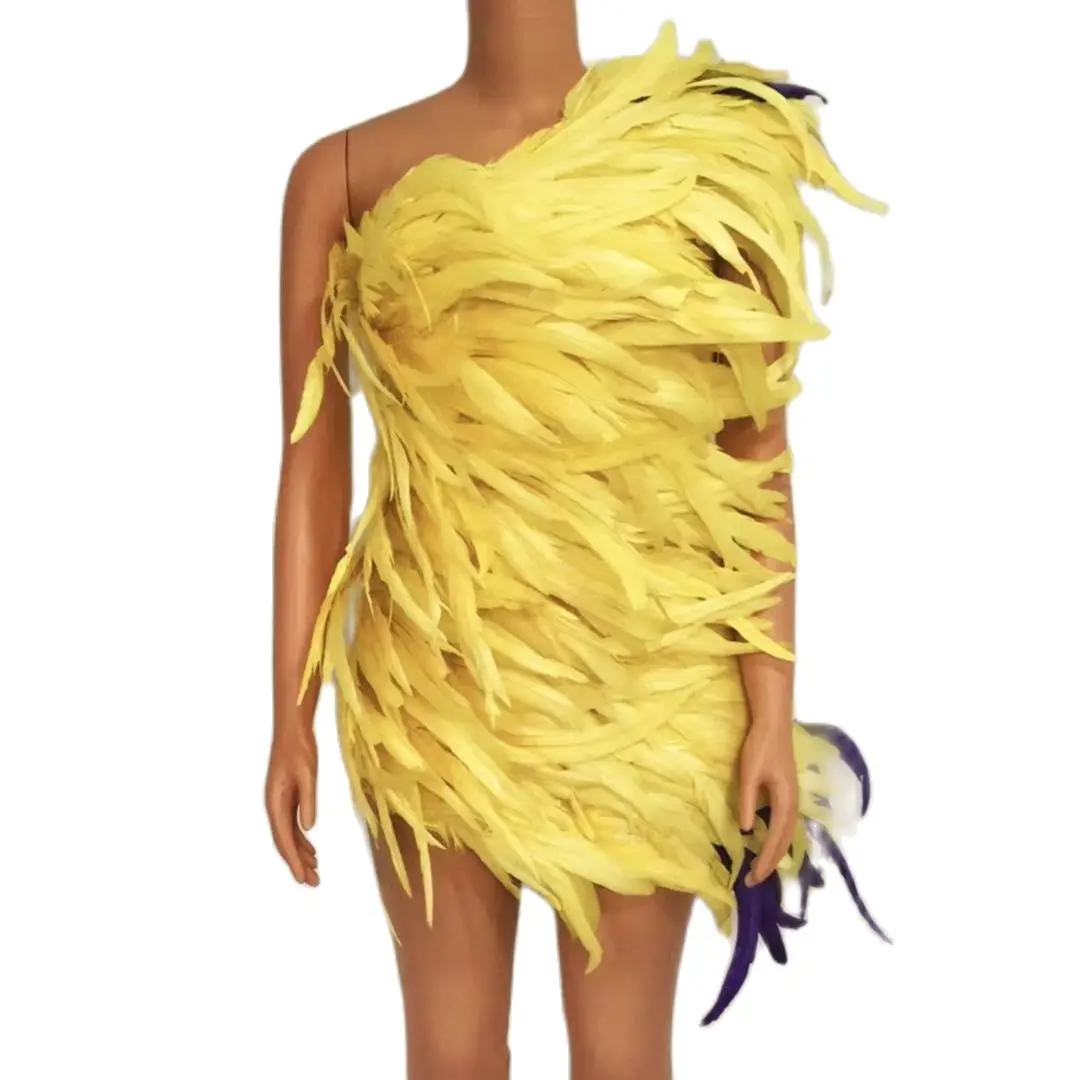 

Elegant Women Clothing Vitality Yellow Feather Dress Sleeveless Mini Dress for Party Gorgeous Empire Cocktail Dress Stage Wear