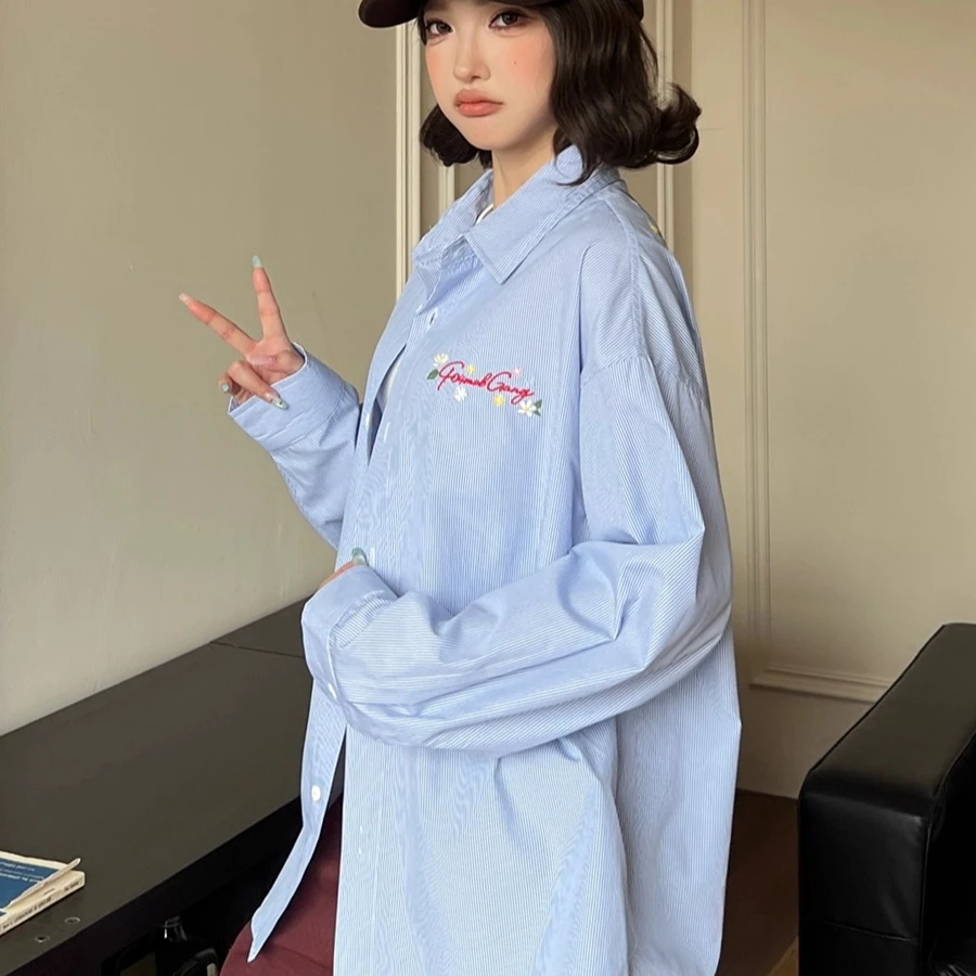 Coreano na moda marca bordado floral gráfico camisas oversized manga longa turn-down colarinho blusas luz azul estética casual