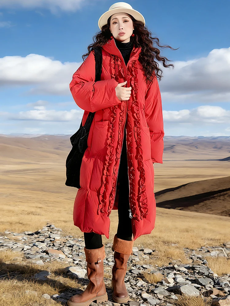 

Утепленное однотонное длинное пуховое пальто для женщин: теплая зимняя верхняя одежда с деревянным декором, повседневный свободный крой, полиэстер