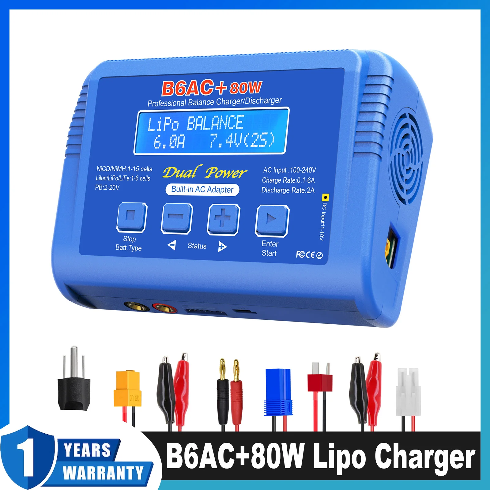 

B6AC 80W Lipo Battery Charger RC Balance Smart Digital Charger for 1S-6S LiPo Life Li-ion 1-15S NiCD NiMH PB Smart Battery
