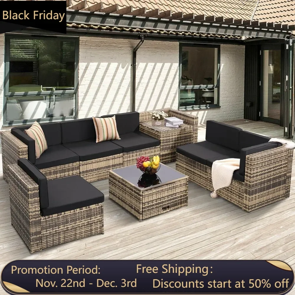 8 Pieces Outdoor Wicker Rattan Patio Furniture Sectional Set, Glass Top Table with Hidden Storage, 7 Sofa Sections, Oversized