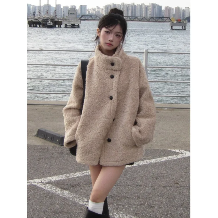 

Thiened Retro Plu Button Warm Outerwear Versatile Korean Sle Women's Sweater for All Seasons Campus Street Sle Cam