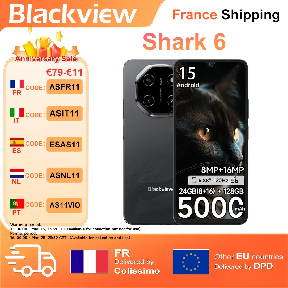 Blackview Smartphone Shark 6 [pas de chargeur UE] 24 Go (8 + 16) + 128 Go Android 15 6,88" HD + IPS 18 W 5000 mAh 120 Hz 16 MP + 8 MP NFC/GPS