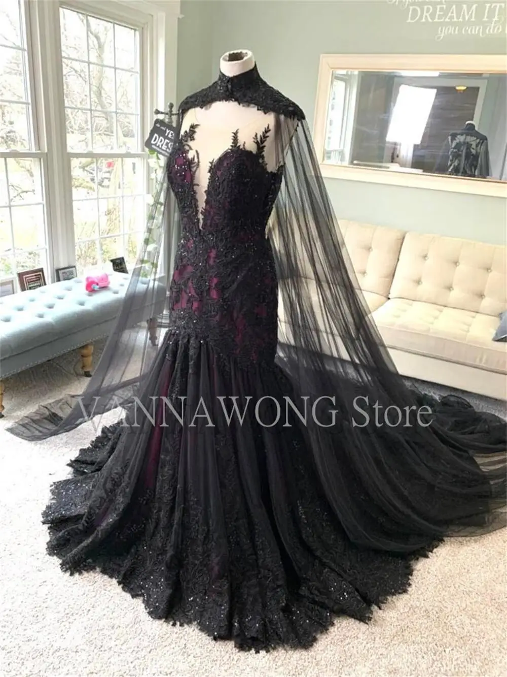 personalizado 17005 #   Vestido de novia negro y morado con capa nupcial ilusión espalda cola de pez vestido formal de sirena gótica