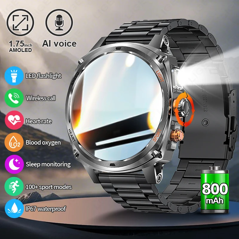 

LIGE Новые Смарт-часы для мужчин, 800 мАч, большая батарея, 1,75 дюйма, AMOLED HD-дисплей, светодиодный фонарик, Bluetooth-вызов, спортивные умные часы для фитнеса, мужские