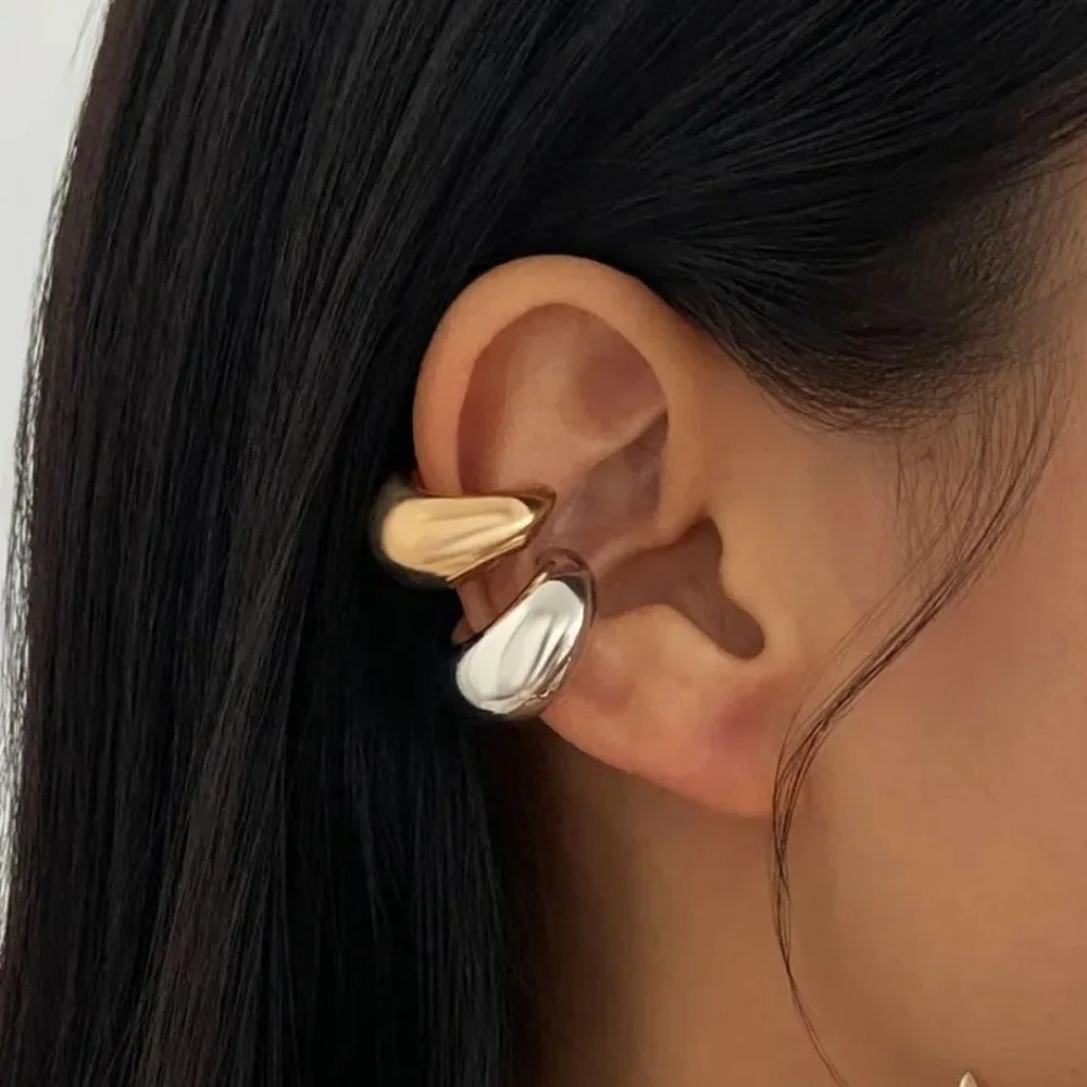 Gold/Silver Plated Chunky Cuff Ear Cuff, Non-Pierced Dome Shape Clip On Earrings for Women