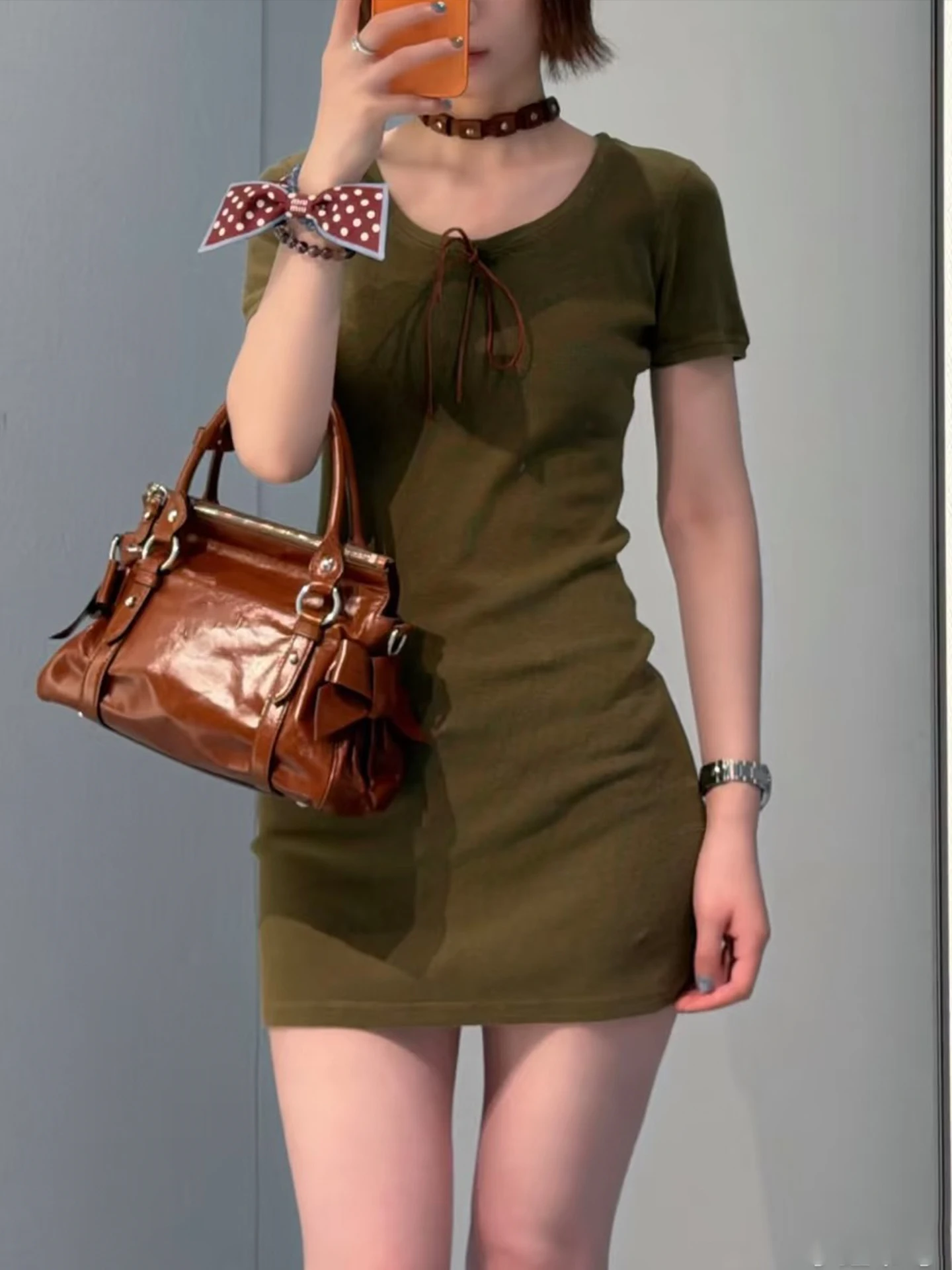 French Style Letter Print Short Sleeve Dress Women's Slim Fit round Neck Drawstring Waist Breathable Cotton Casual Dress