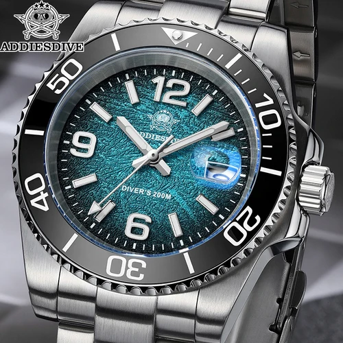 Imagen 1 del producto Reloj de buceo ADDIESDIVE de 48mm, relojes de cuarzo con bisel giratorio de Color degradado a la moda, reloj luminoso de acero inoxidable resistente al agua de 200m para hombre