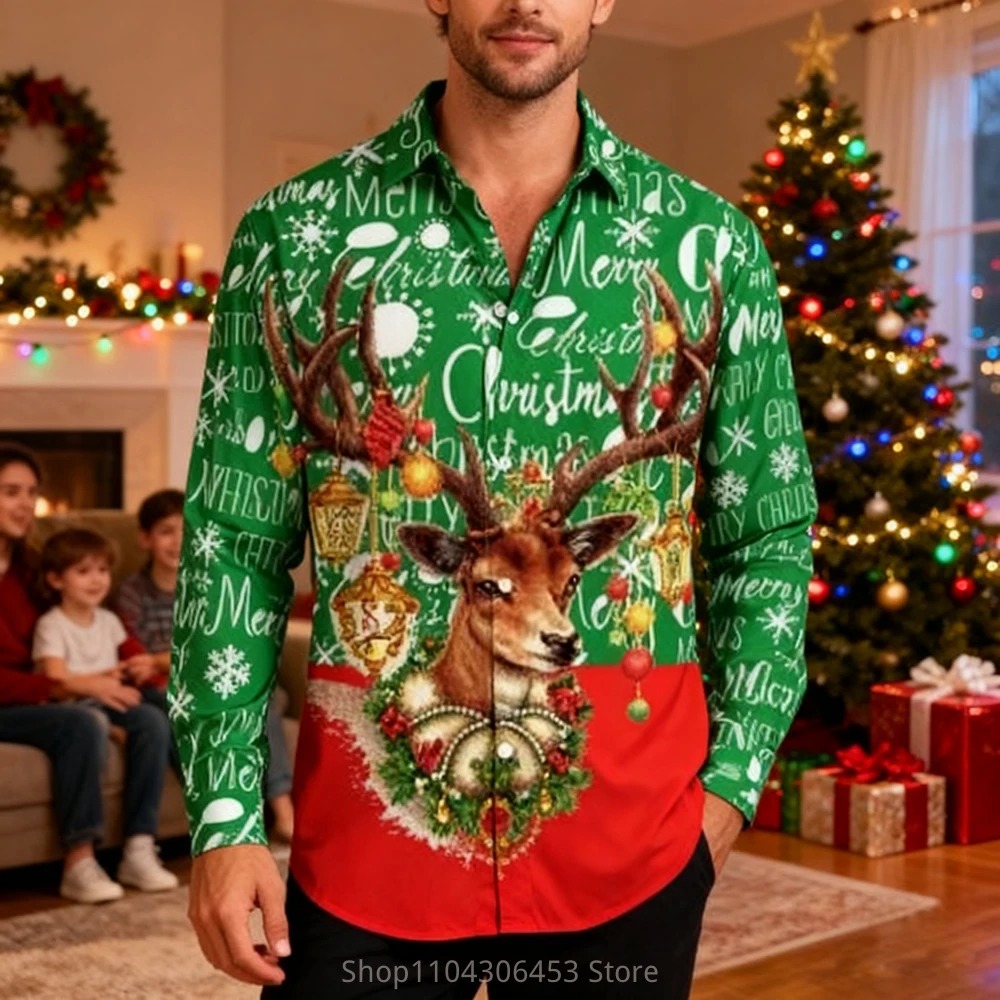 Men's Christmas New Year Cartoon Funny Santa Claus Red 3D Print Lined Holiday Party Shirt Men's Autumn and Winter New Casual Top