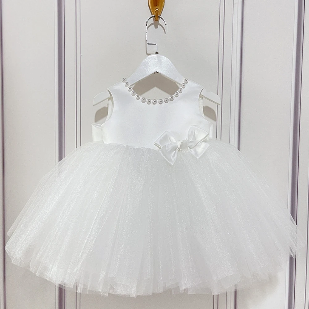 Charming Pink Bow Ball Gown Kids Wedding Party Clothes Puffy Tulle Pearls Flower Girls Dresses For Wedding Customized