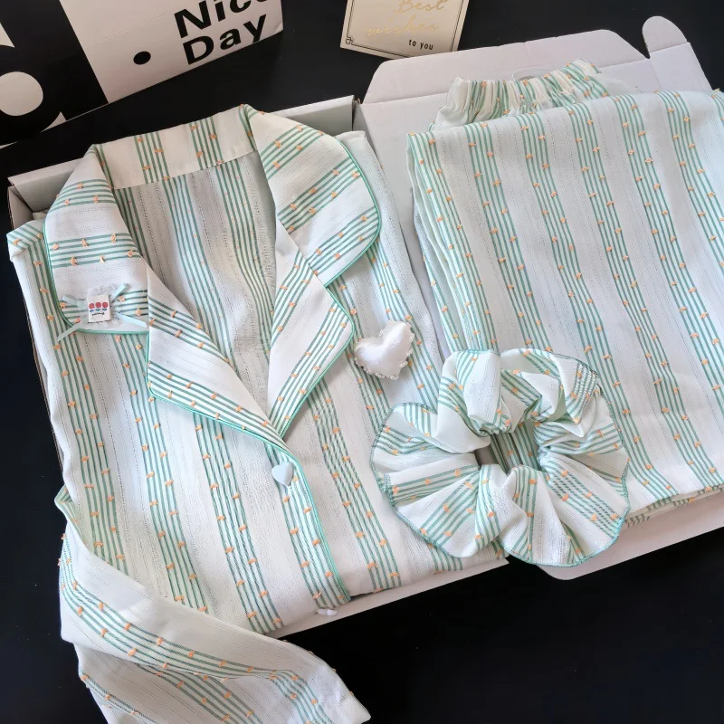 Women Striped Cotton Pajama Set Homewear Lapel Long Sleeve 2 Pcs Shirt&pants Casual Sleepwear Autumn New Soft Comfy Loungewear ﻿