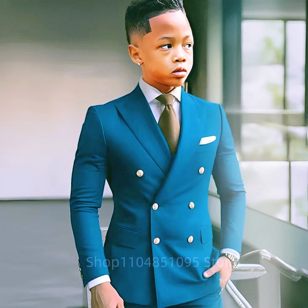 Handsome Blue Boys Suit Jacket Pants 2 Piece Set Gold Buttons Formal Blazer for Kids Wedding Party Prom Suits 2-18 Years Clothes