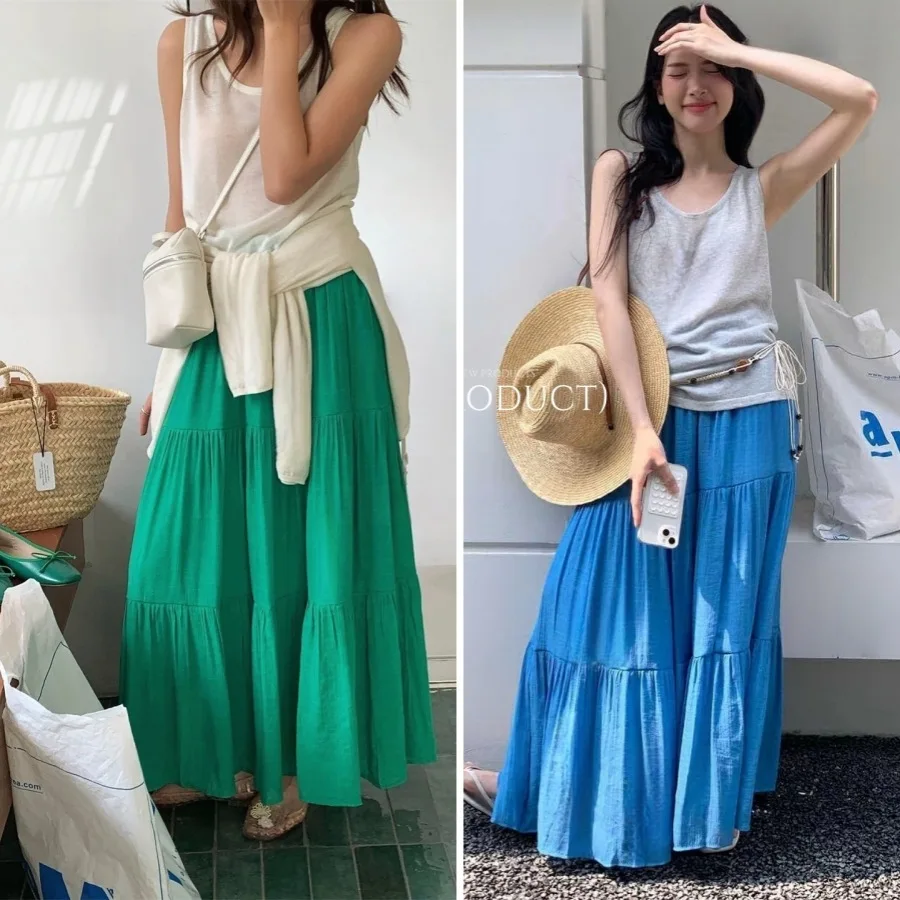 

Summer Patchwork Mid-length Skirt Women Japanese Solid Maxi Skirts Elastic High Waist A-line Design Long Skirt White Black Green