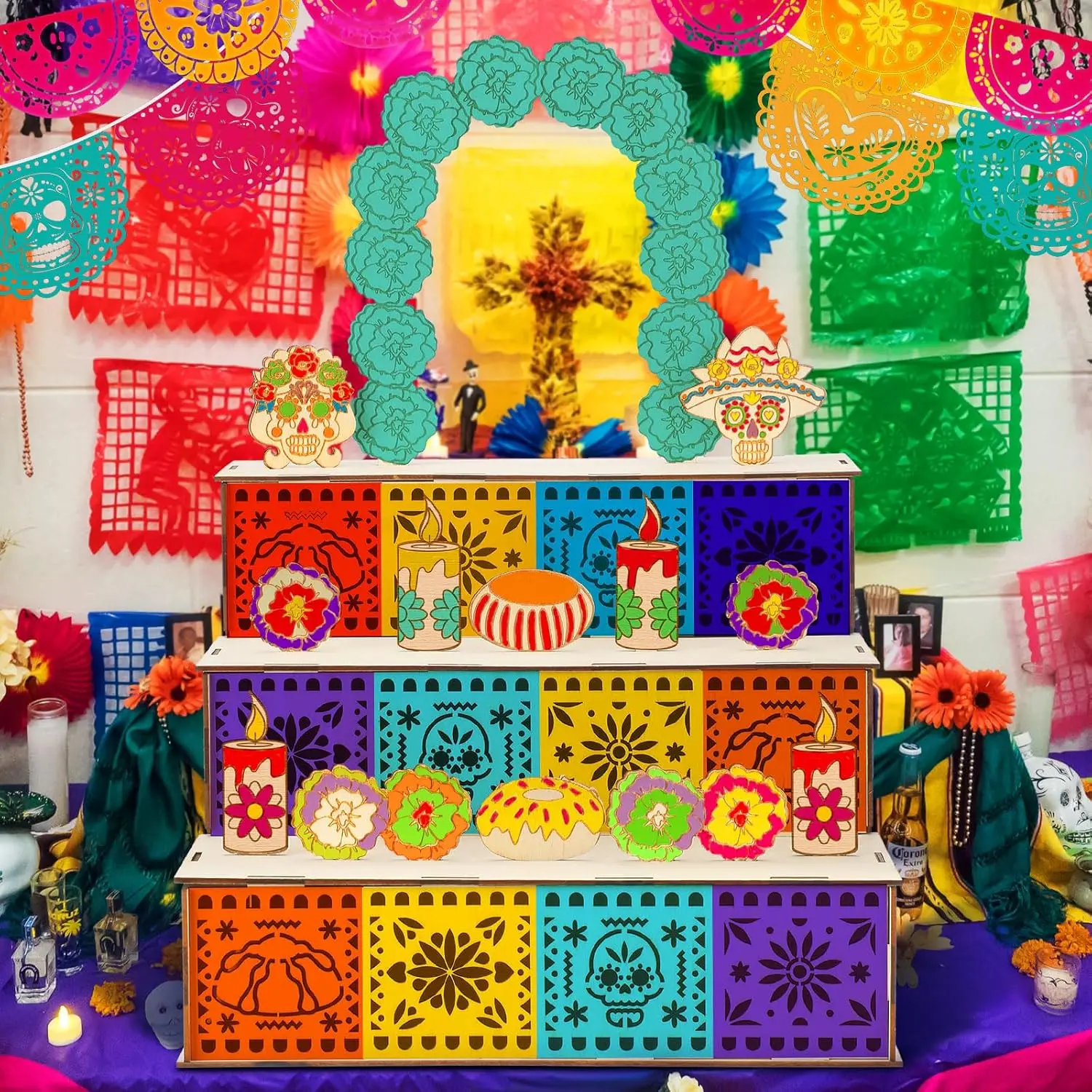 Day of the Dead Ofrenda Altar Wooden Shadow Box, Tiered Memorial Altar Frame for Candles Marigolds Photo, Home Remembrance Decor