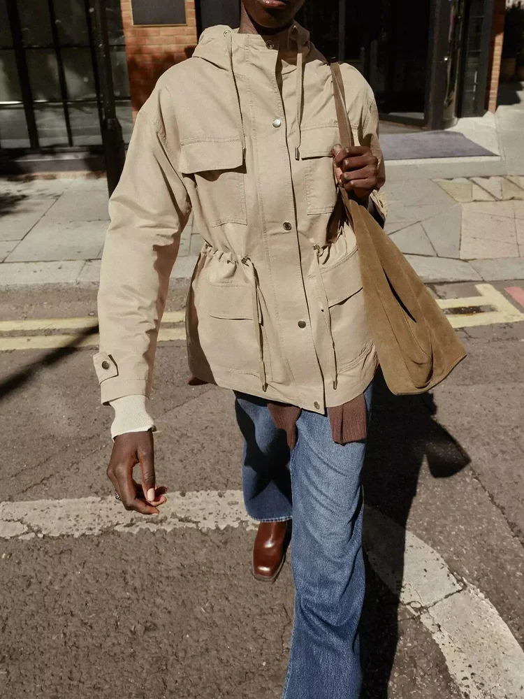 

European and American style autumn new fashion trend women's loose casual temperament simple multi-pocket hooded jacket