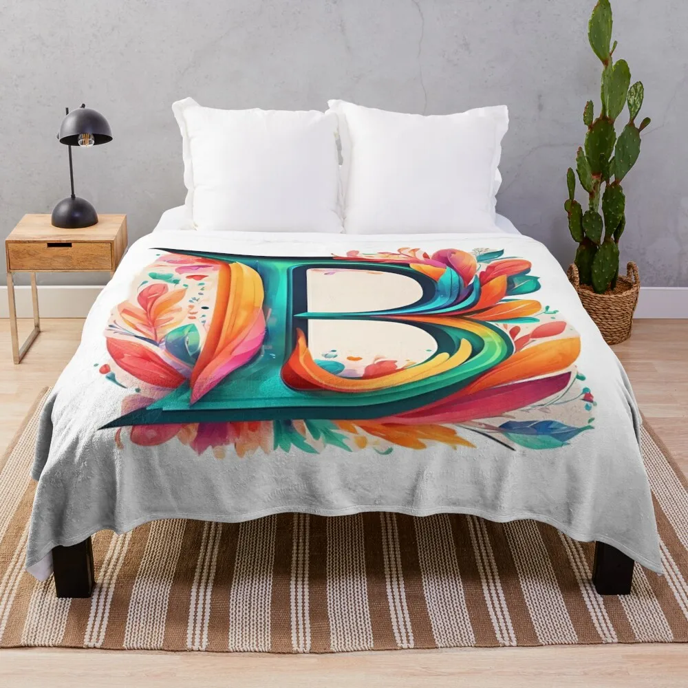 

Customized Colorful Feathers Letter B Initial Throw Blanket Thermal Bed covers manga Blankets