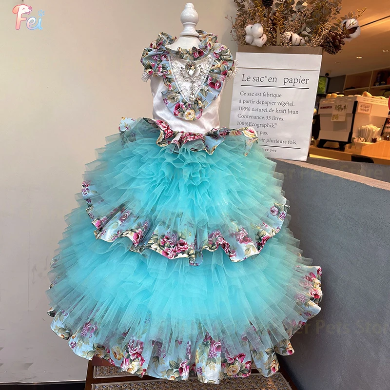 

High Quality Floral Tulle Pet Wedding Dress,Large Train Costume for Small Dog,Customizable Dog Apparel for Birthday&Photography