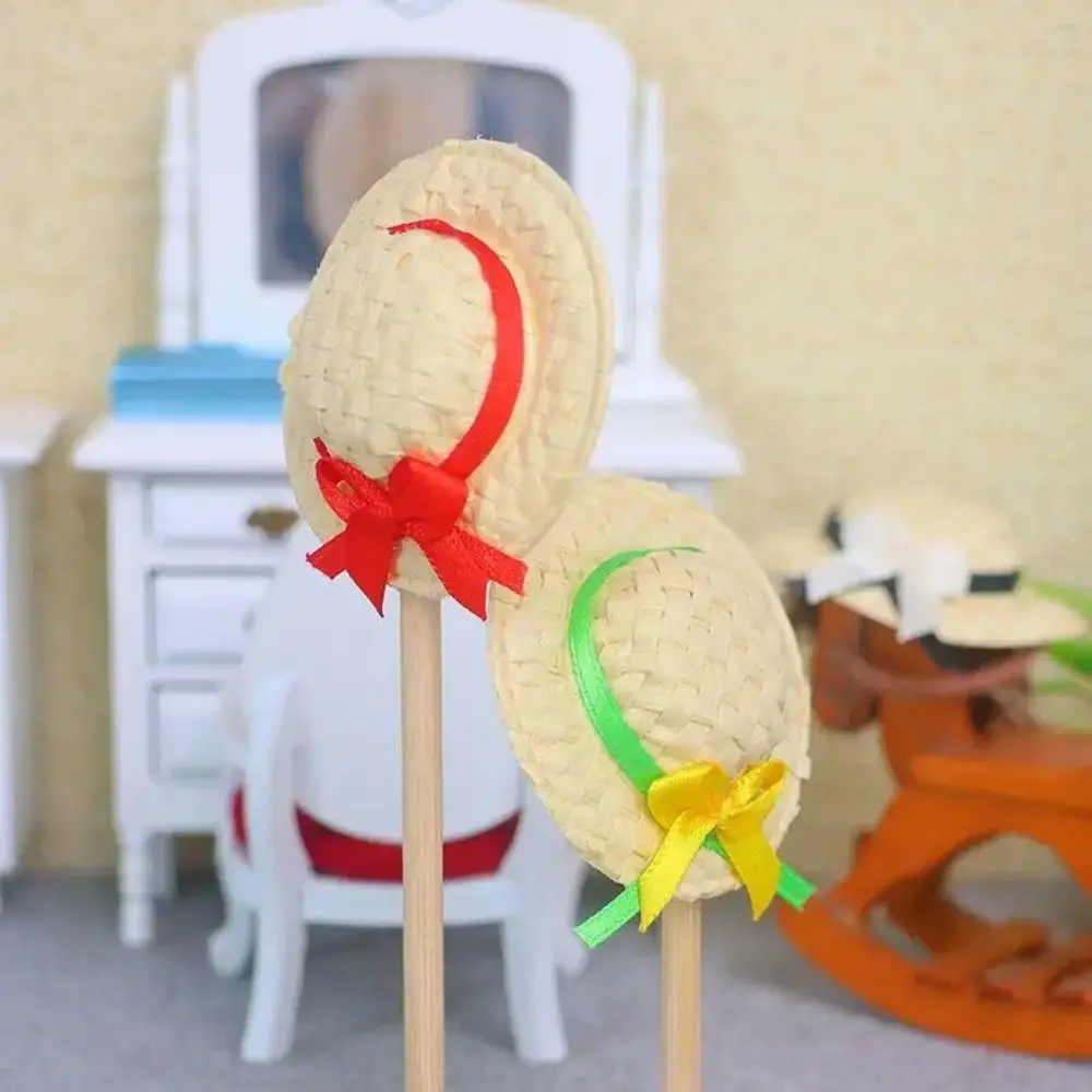 Criativo tamanho em miniatura casa material de palha em miniatura proteção solar chapéu de palha design artesanal diy boné de sol acessórios