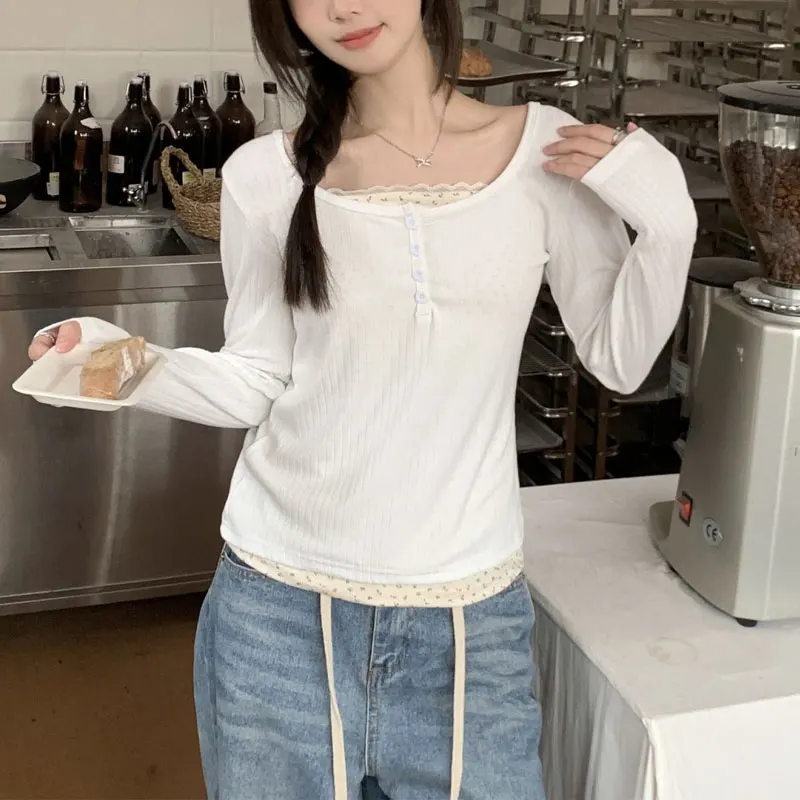 Broken Flowers Spliced Pullovers Female Clothing Fake Two Pieces Spring Autumn Long Sleeve Lace Casual Round Neck Button T-shirt