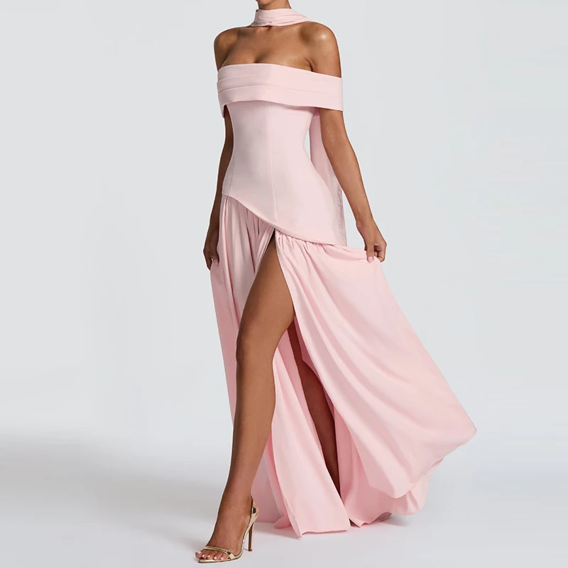 Abito da sera con lacci da donna con scollo a barchetta Abito lungo con spacco pieghettato impiombato solido primaverile Abito lungo Boho vuoto estivo senza schienale 2025