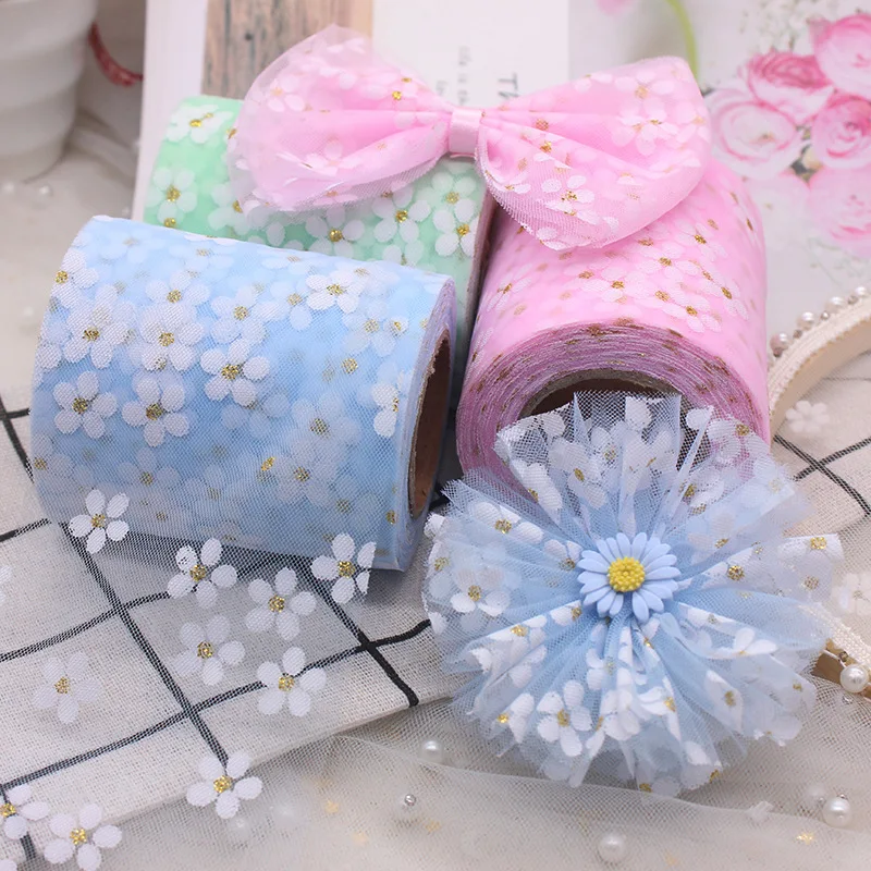 6/8cm 5Yards Floret Tulle Daisy Ribbon Roll DIY Handmade Craft Hair Ornament Baking Cherry Blossoms Printed Mesh Fabric Supplies