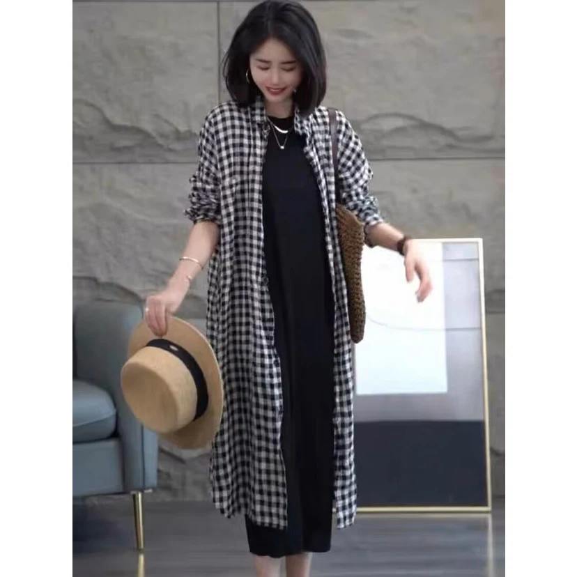 

Ранняя осень, модная черно-белая клетчатая куртка размера плюс, женская длинная ветровка с воротником-стойкой, солнцезащитная ветровка, пальто
