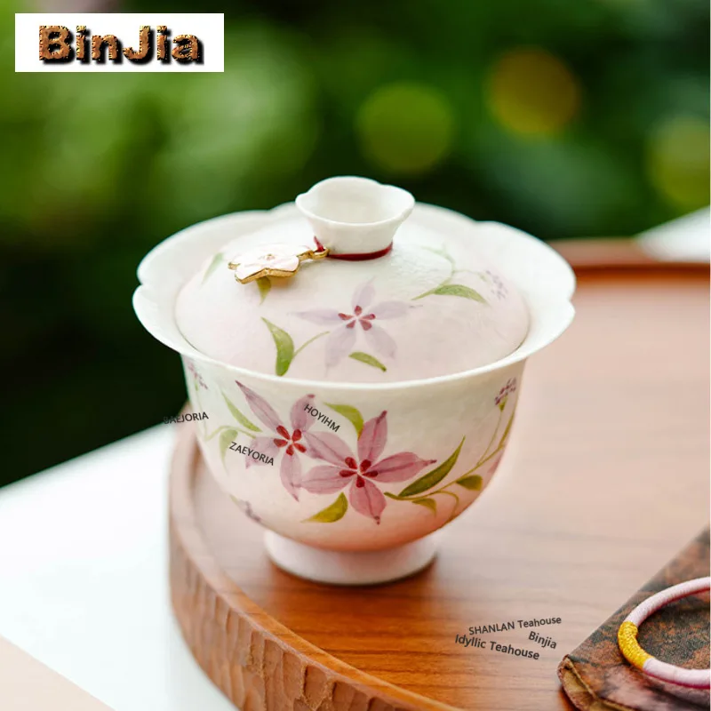 95ml Hand-painted Cherry Blossom Gaiwan Handmade Tea Tureen Tea Bowl With Lid Kit Tea Maker Cover Bowl For Tea Decoration Craft