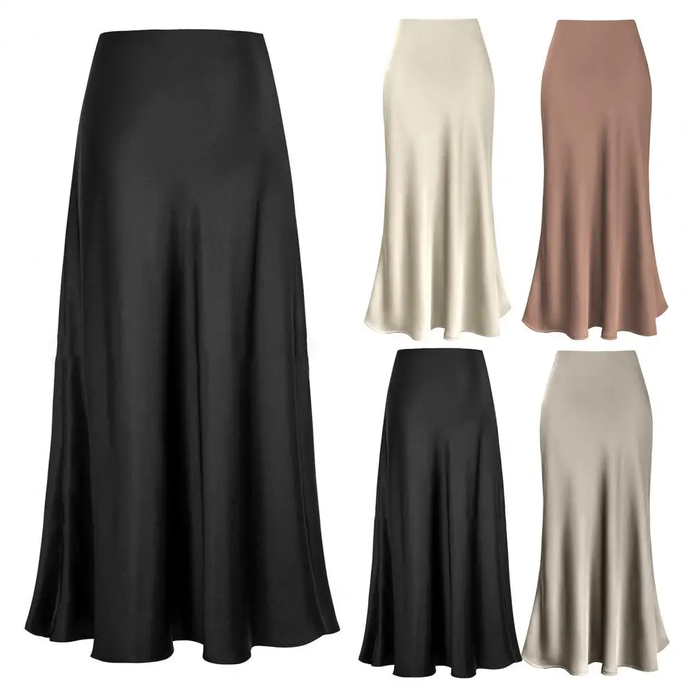 Women Faux Silk Satin Maxi Skirt 2024 Spring Satin Texture Vintage Chic Female High Waist H Line Long Skirts Fishtail Skirt