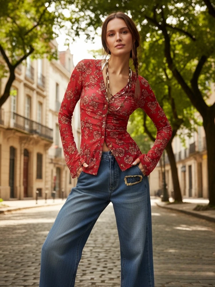 

Spring and Summer New Printed Women's Lapel Cardigan Long-sleeved Shirt Fashionable Slim-fit Retro Button Commuter Casual Blouse