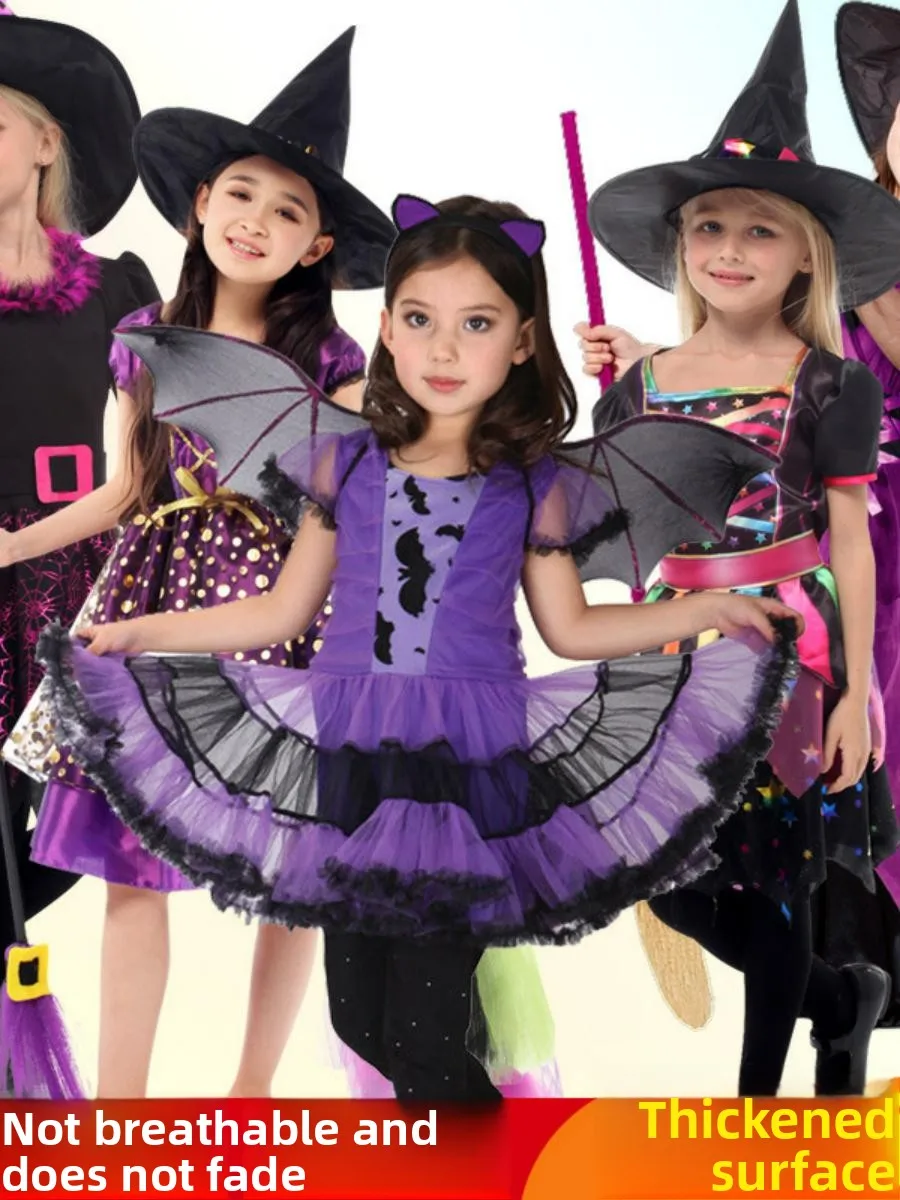 

Новый детский костюм ведьмы на Хэллоуин, комплект для выступлений «Летучая мышь-волшебник», наряд ведьмы для девочек, сценический материал, полиэстер