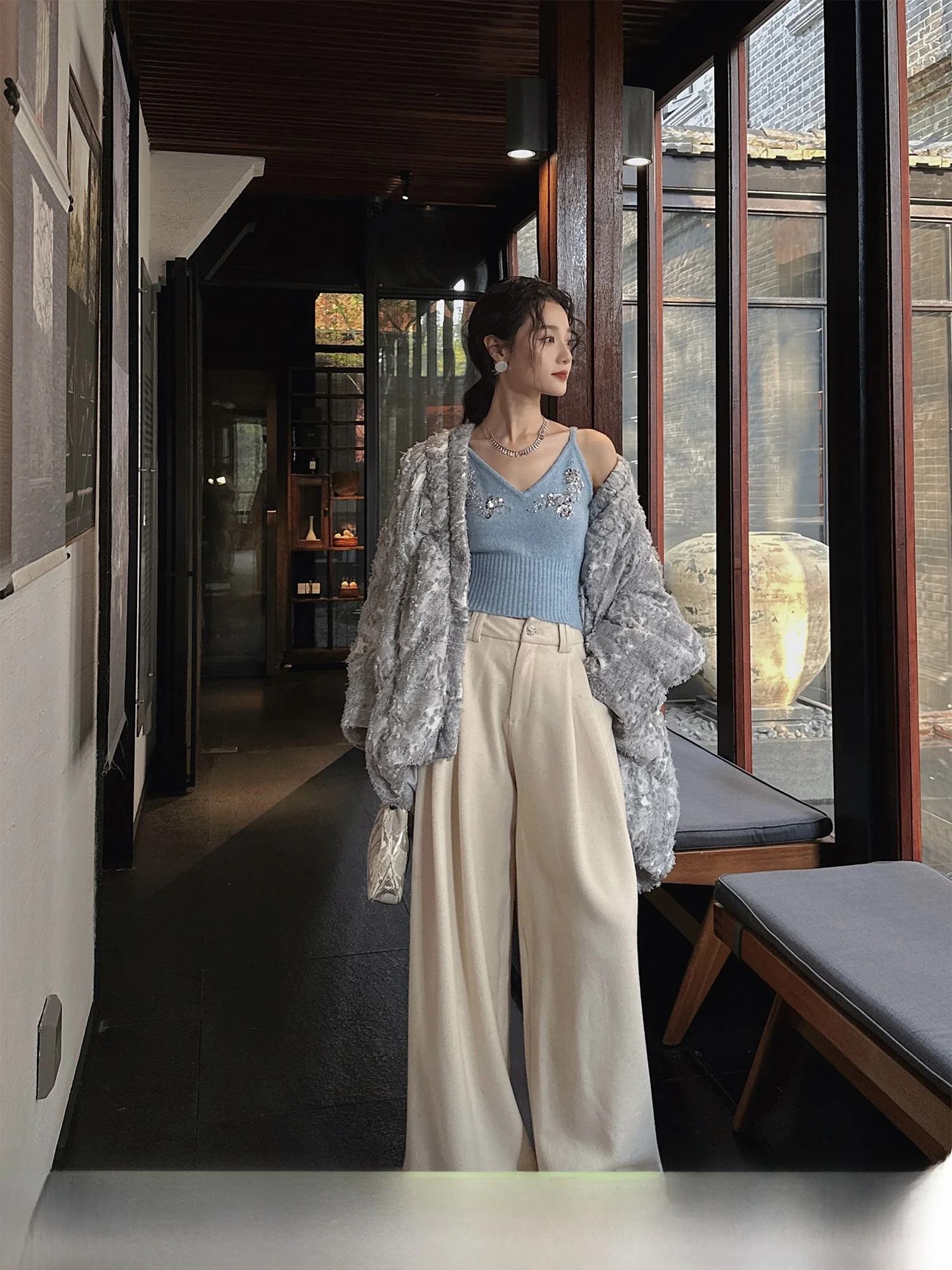 

Sanji Black Flower Mountain And River Thickened Woolen Wide Leg Pants Casual Trousers 2025 New Style Popular Winter Fashion
