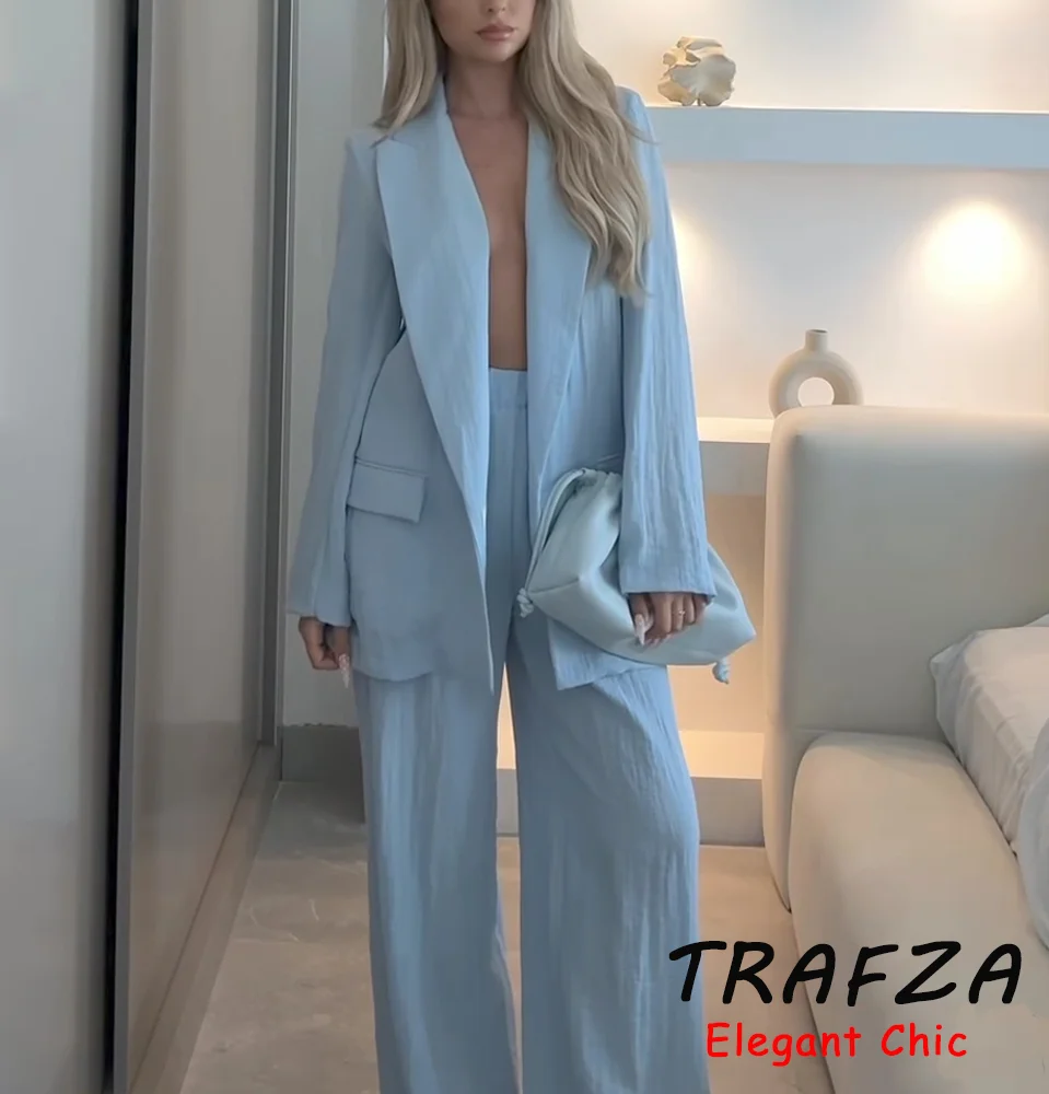 

TRAFZA минималистичный блейзерный костюм, женский открытый блейзер или брюки с эффектом складок, весна-лето 2022, модный уличный офисный женский комплект