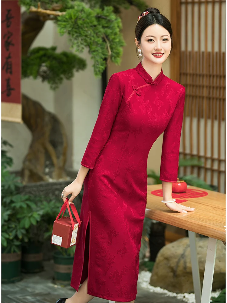 

Красное длинное ципао для беременных, облегающее, в китайском стиле, с низким разрезом, без пуговиц, для свадебной церемонии