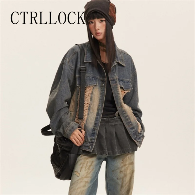 

CTRLLOCK Retro Streetwear Washed Hole Rough Edge Tassel Women's Loose Denim Jacket