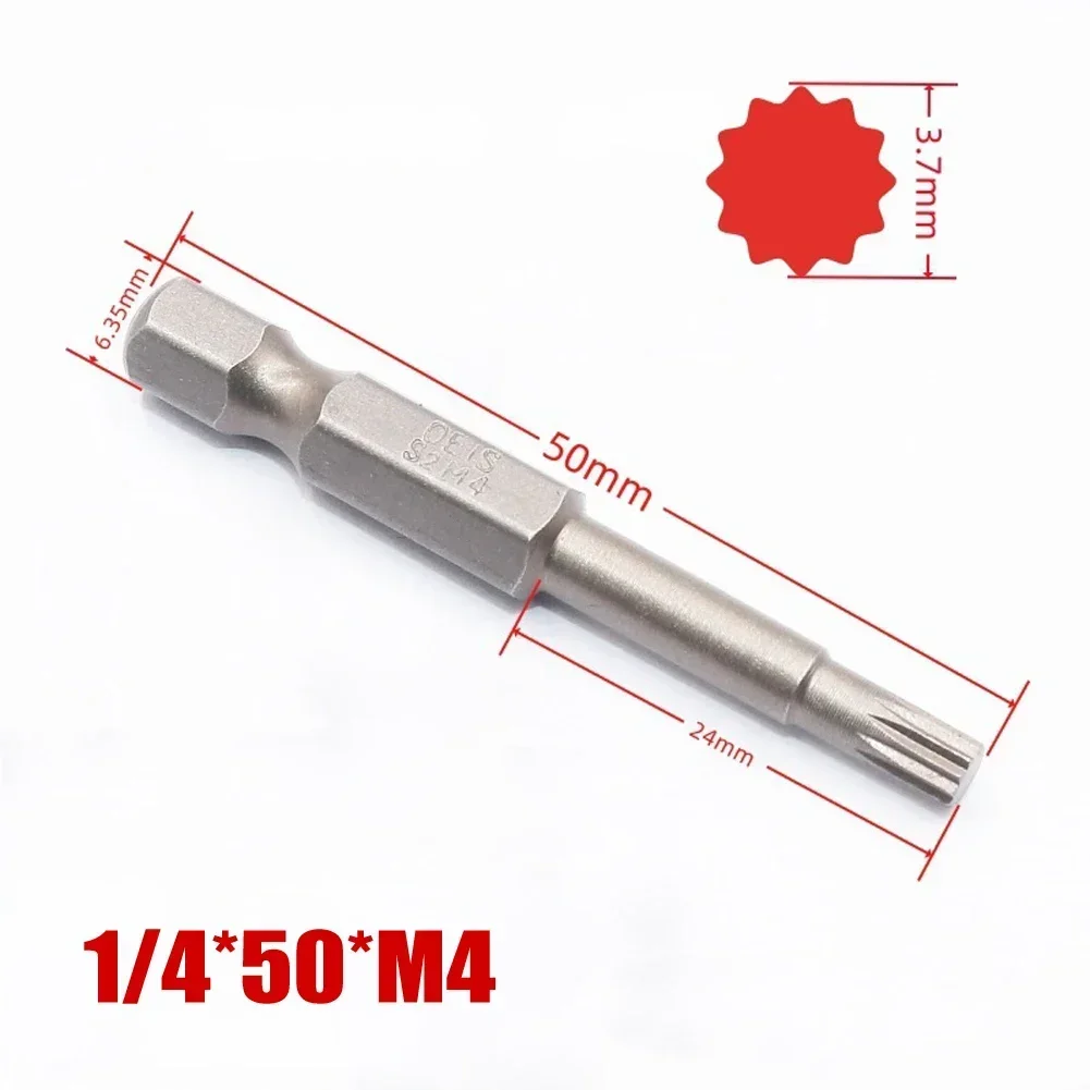 50mm 12 Point Torx Screwdriver Bit 6.35mm Hex Shank Magnetic M4-M-12 Optional Hand Tool Accessories Drill Bits Silver