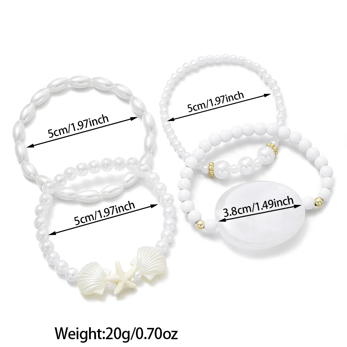 Bohemian vacation style white faux pearl bracelet with shell and starfish elements, multi-layer stacked beach accessory