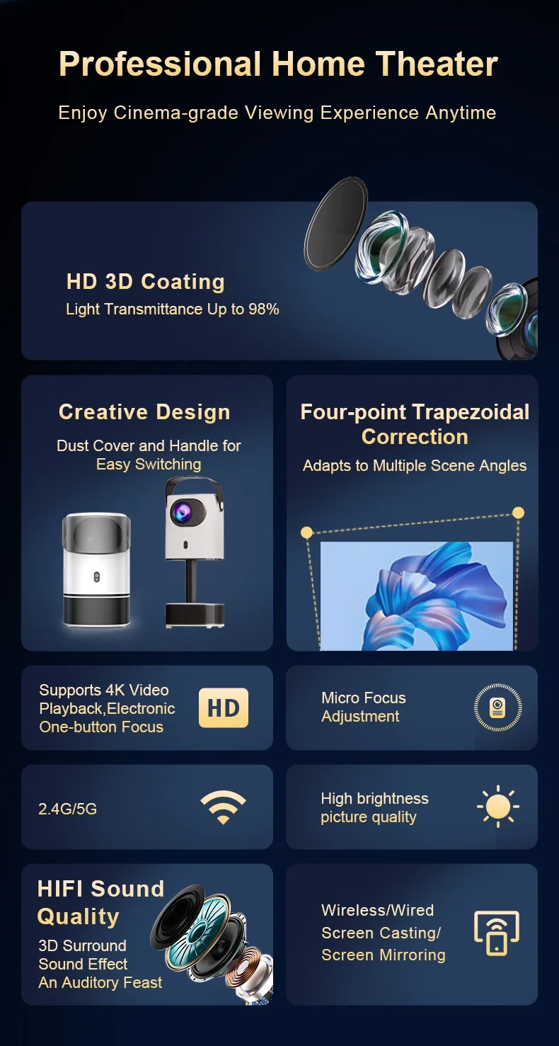 Hot New Portable Portable Video Projector With Telescopic Support LCD Smart 1080p Android Home Theater Led Smart Projector