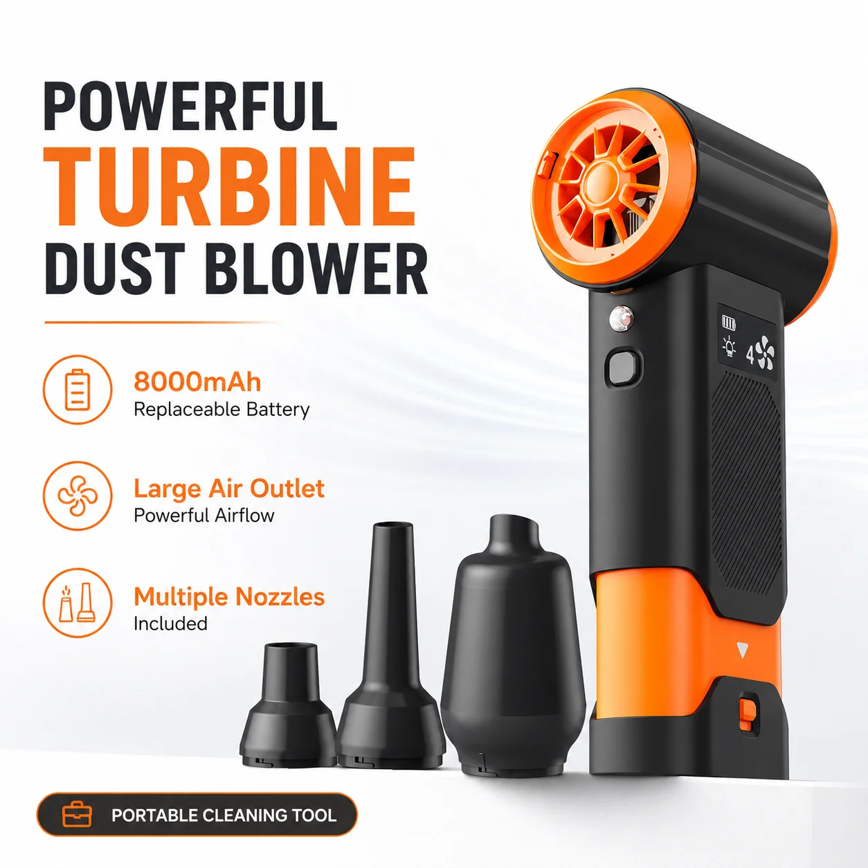 High Power Turbine Dust Blower 8000mAh Rechargeable Air Duster With 4 Speeds, Replaceable Battery And Multiple Nozzles Set