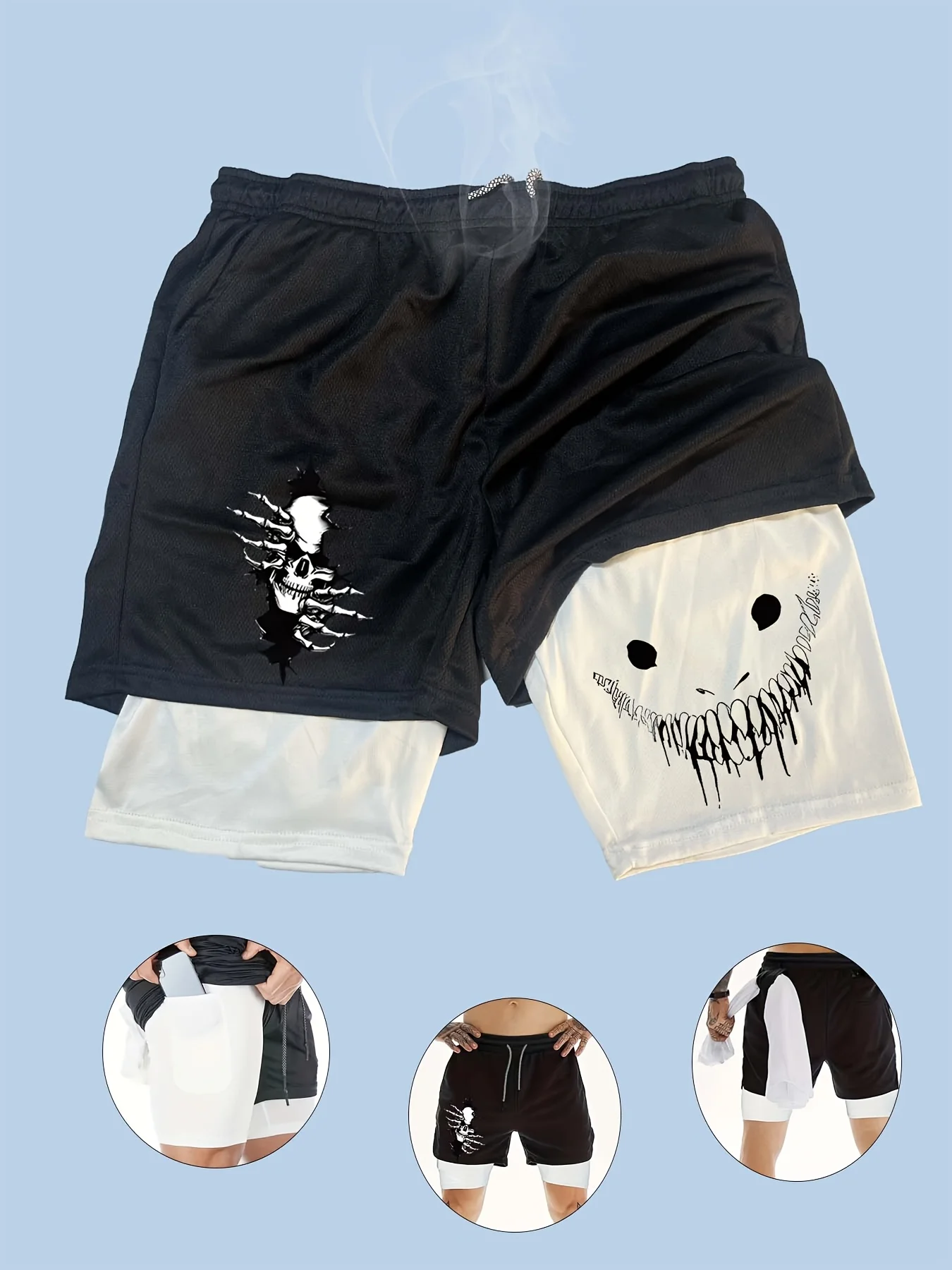 

Men's 2-in-1 Sports Shorts, Skeleton and Joy Face Print Multi-Pocket Fitness, Running, Football Shorts for All Seasons