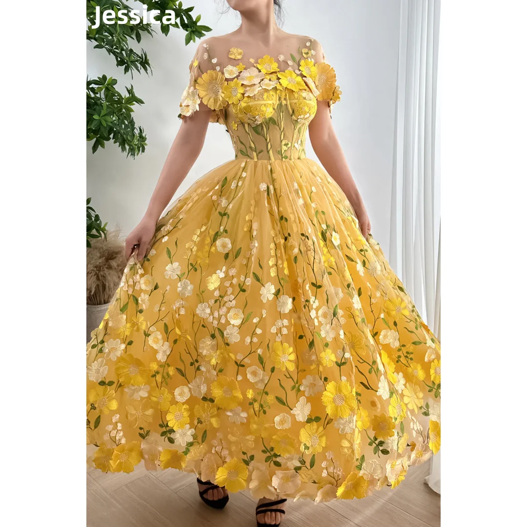 

Jessica Sweetheart Yellow Prom Dresses Tulle Embroidery 3D Floral Evening Dresses Princess Coming-of-age Ceremony Party Dress