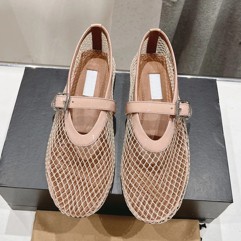 Mesh Flat Ballerina Shoes Buckle Strap Round Toe Hot Selling Girls Dancing Shoe Cut Out Ballet Sapatos Mujer High Quality New