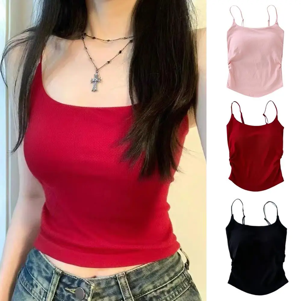 

Tops For Woman Pleated Waist Beautiful Back All-in-one Sexy Camisole Summer Dopamine Color Shirt Women Base Top With Breast Pads