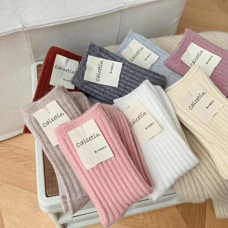 

2025 New Winter Cashmere Wool Women Socks Casual japanese fashion Solid Color Thicker Long Sock Girls Thermal Warm Crew Sock